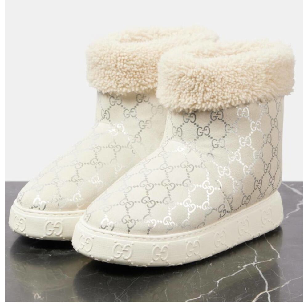 Gucci GG Monogram Shearling Trim Ankle Suede Boot 39 Logo Winter